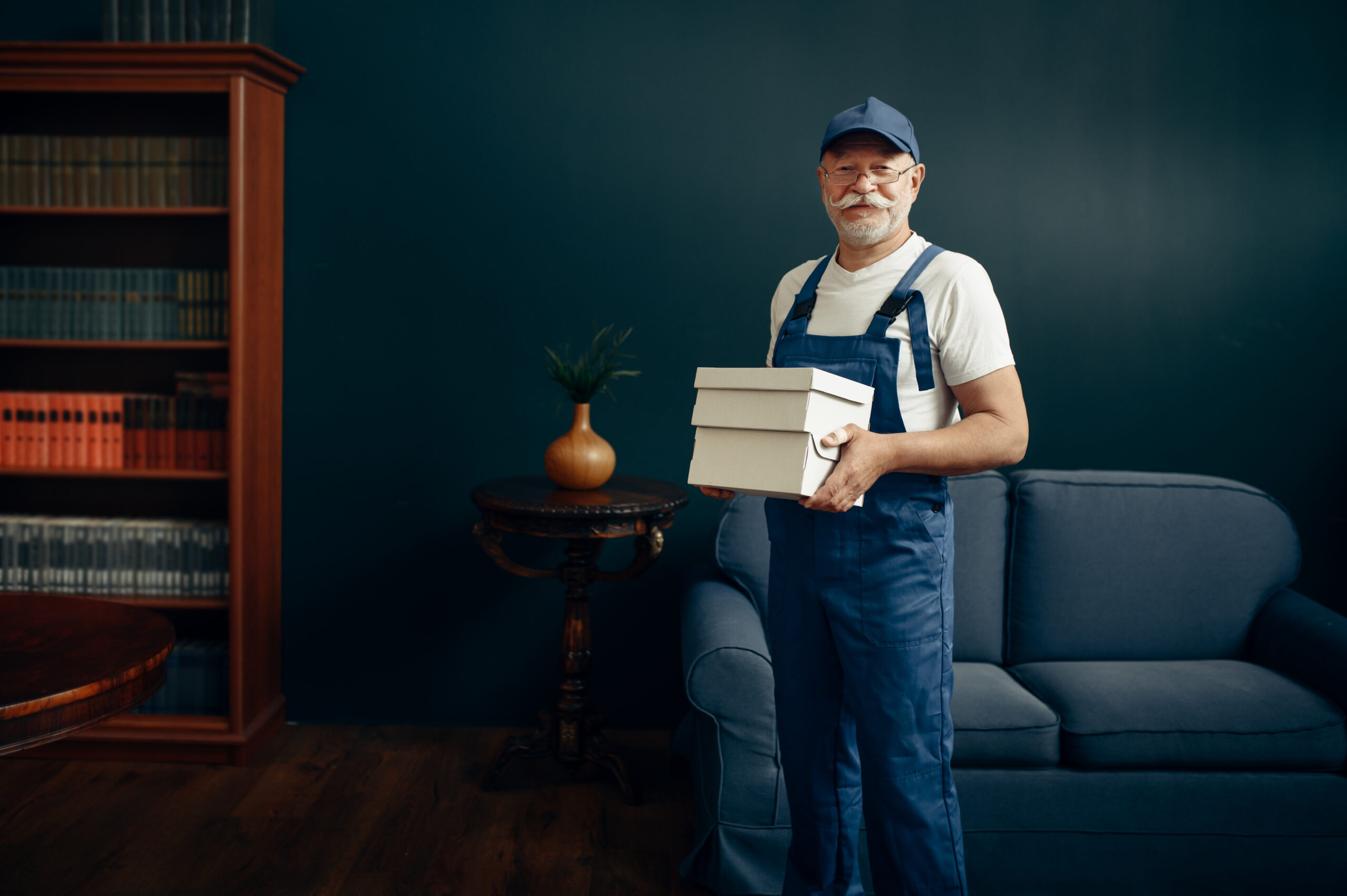 An expert in overalls holding a box in front of a couch.