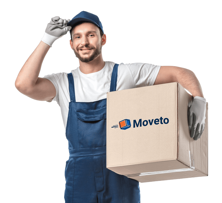 A man holding a box with the word moveto on it.
