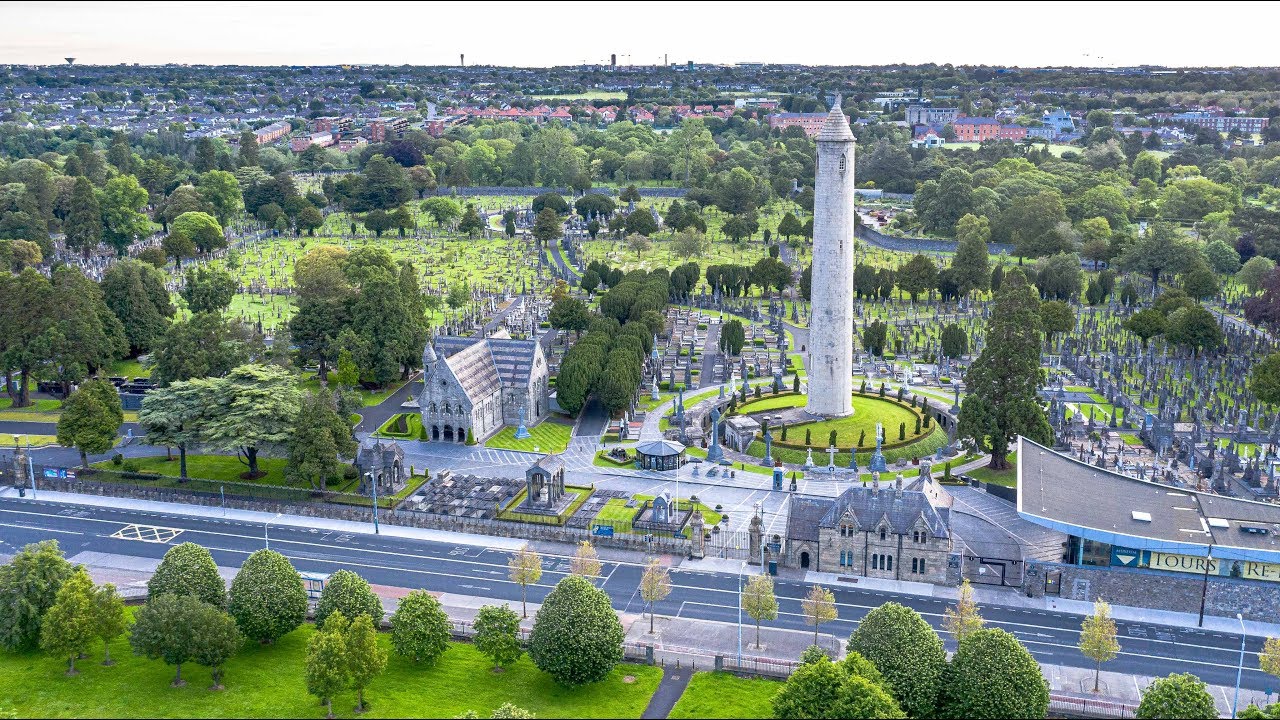 An aerial view of a cemetery with an Expert Removals monument.