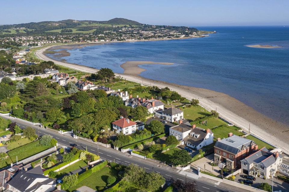 An aerial view of beach houses.